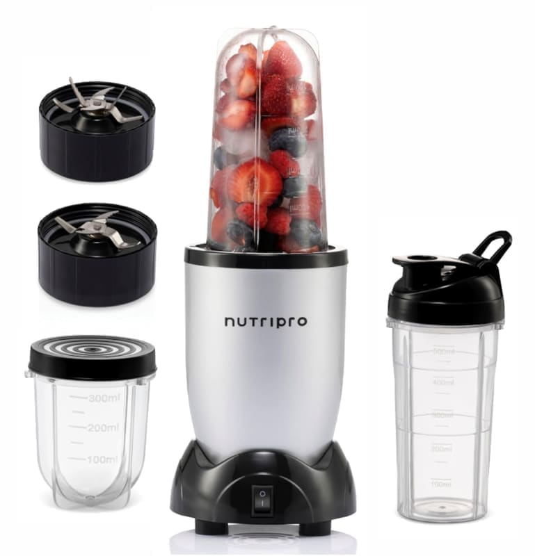 NutriPro Juicer Mixer Grinder 500W detail view of the motor base showing the three-position rotary speed knob (Off / Speed 1 / Speed 2 / Pulse) and the front silver finish