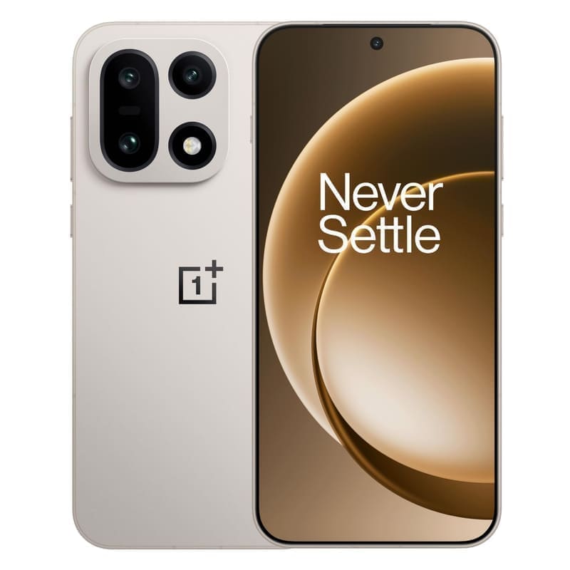 OnePlus 15 in Sand Storm — front and back view showing the 6.78-inch 165Hz LTPO AMOLED display and Micro-Arc-Oxidation rear with triple 50MP camera island