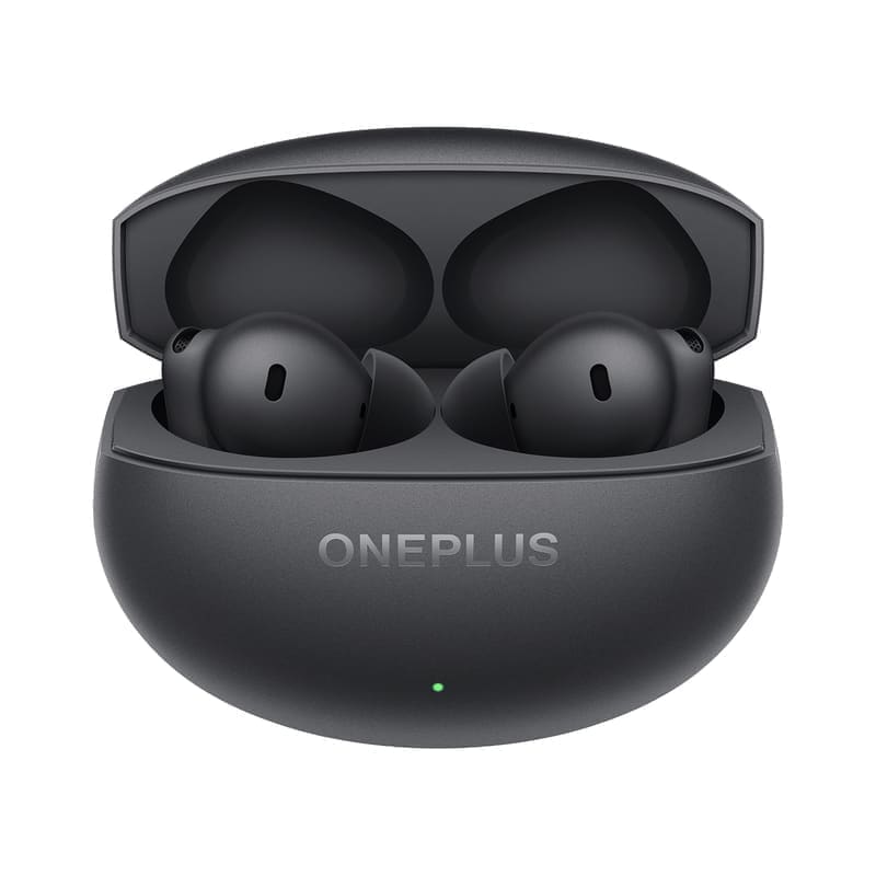 OnePlus Buds 4 TWS earbuds in Storm Gray hero shot — stem-style in-ear buds beside the pebble-shaped charging case, showing the soft-touch matte finish, squeeze-sensitive stem geometry and OnePlus branding