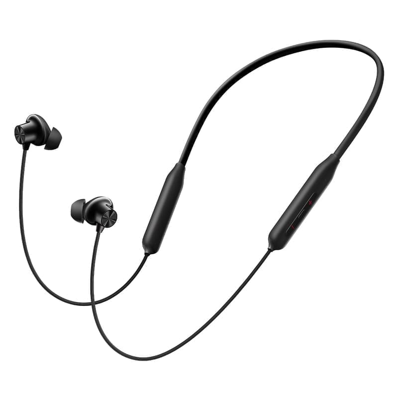 OnePlus Bullets Wireless Z3 neckband in Mambo Midnight black, top-down product shot showing the flexible silicone band, magnetic in-ear drivers and side-mounted control module