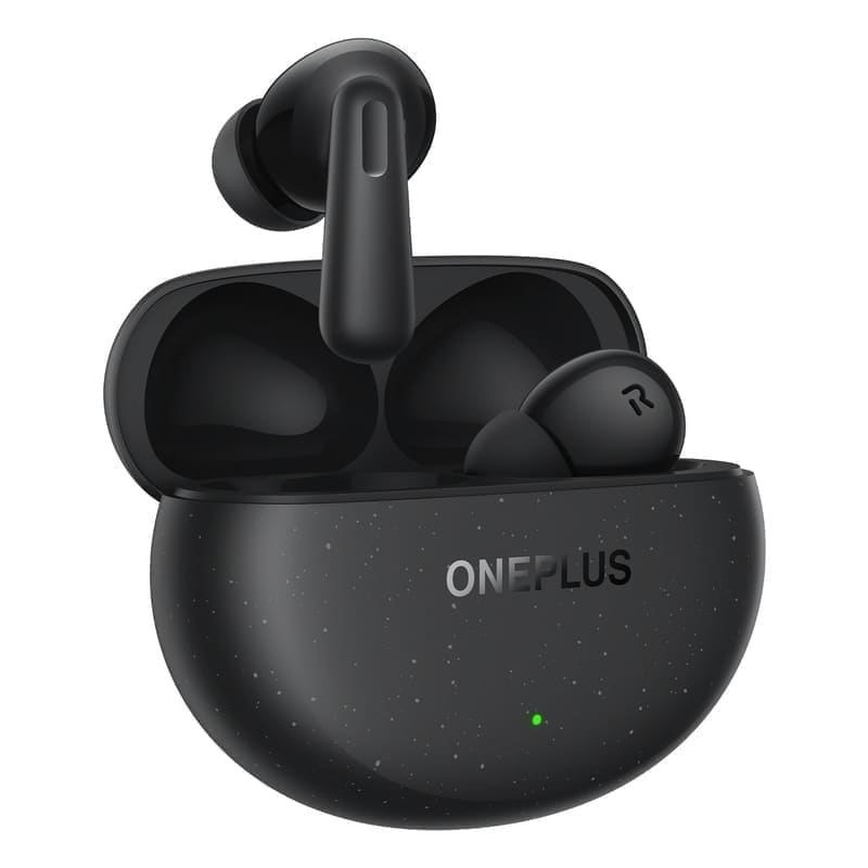 OnePlus Nord Buds 3 Pro TWS earbuds in Starry Black with charging case, front view on white background showing the stem-style in-ear design and the two-tone glossy charging case