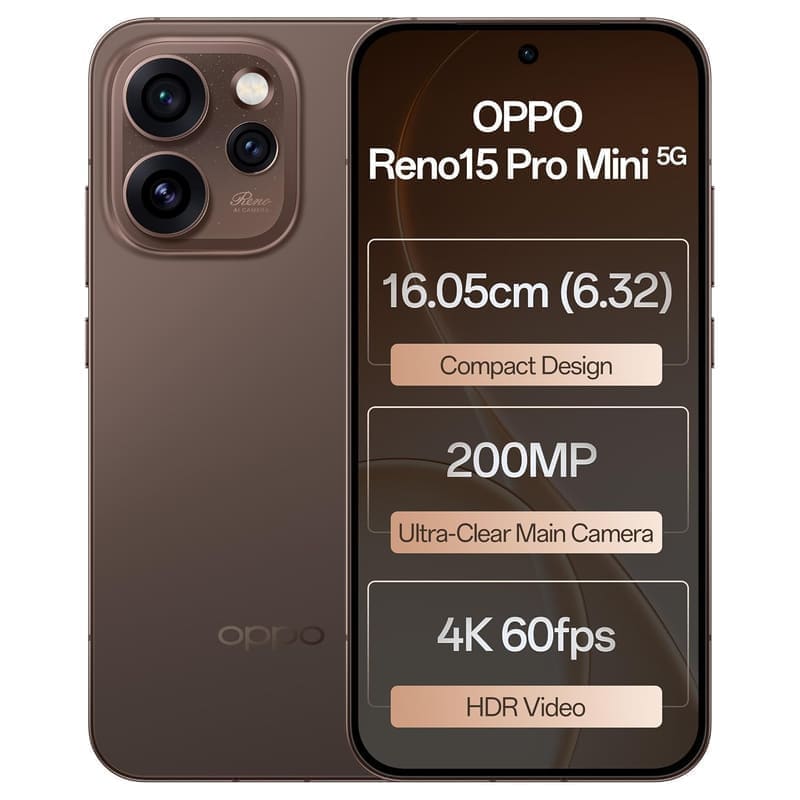 OPPO Reno15 Pro mini 5G in Cocoa Brown — front and rear render showing the 6.32-inch 120Hz AMOLED display and the centred triple-camera island with 200MP main, 50MP ultrawide and 50MP 3.5x periscope