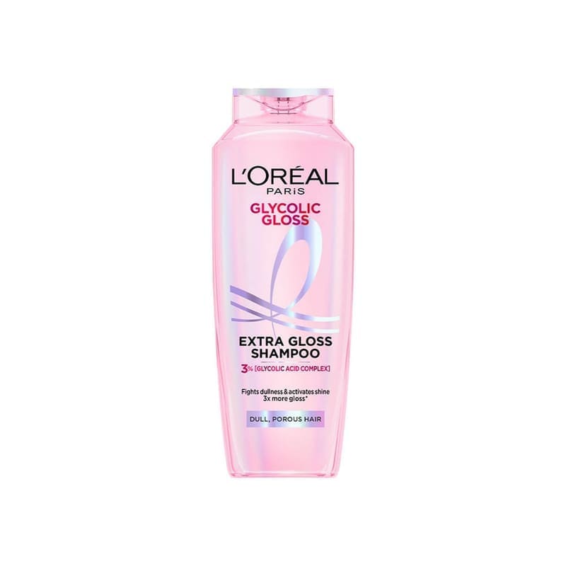 L’Oréal Paris Glycolic Gloss Shine Boosting Shampoo, powered by 3% Glycolic Acid, for dull product front view