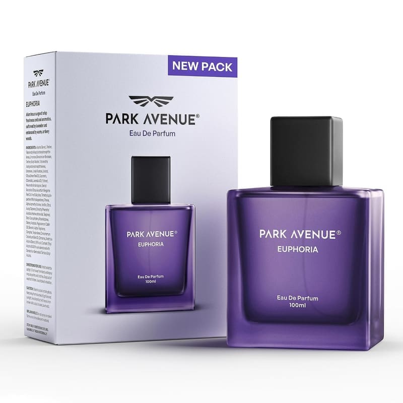Park Avenue Euphoria Eau de Parfum 100ml purple glass bottle beside its new-pack box
