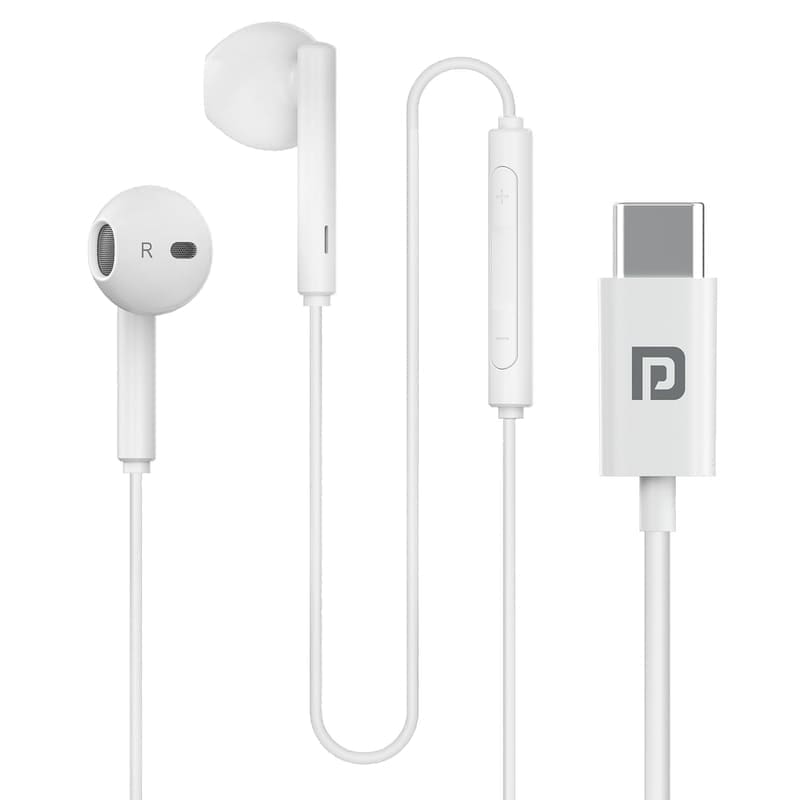 Portronics Conch Theta C USB Type-C wired earphones in White hero shot showing the in-ear silicone-tip housings, the 1.2m TPE anti-tangle cable and the moulded USB Type-C connector