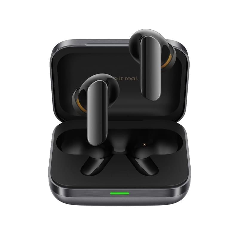 realme Buds Air 7 TWS earbuds in Slate Grey hero shot — stem-style in-ear buds beside the pebble-shaped charging case, showing the soft-touch matte finish and the longer stem geometry that houses the 6-microphone ENC array
