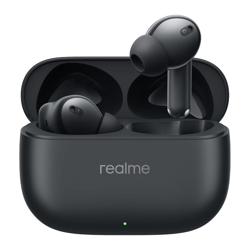 realme Buds T310 true wireless earbuds in Vibrant Black with charging case, front view on white background showing the stem-style in-ear design