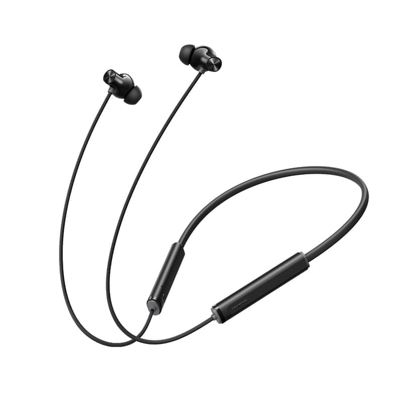 realme Buds Wireless 5 ANC neckband in Midnight Black hero shot — flexible around-the-neck band with soft-touch rubberised finish, cylindrical control housings at each end and in-ear silicone-tip earbuds with magnetic bud clasp