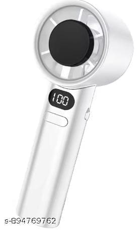 Refulgix white plastic handheld rechargeable mini fan as shown on the Meesho affiliate collection — small portrait product render of the standard generic Indian handheld mini-fan form factor with a fixed handle, soft-blade rotor behind a safety grille, and a single multifunction button on the body