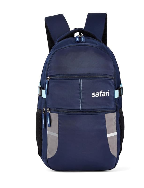 Safari Omega 30L 5-compartment laptop backpack in Navy Blue — front view on white background showing the printed Safari logo, two front-face zip pockets, padded shoulder straps and the side mesh bottle holder