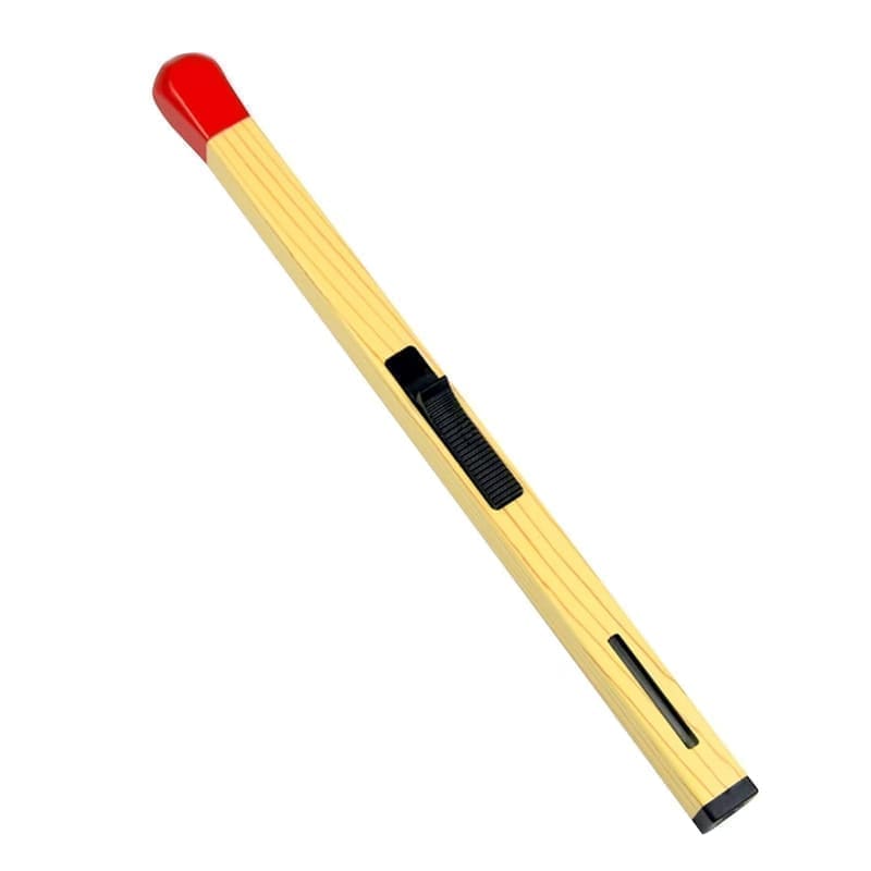 Sajani match-stick shaped butane gas lighter hero shot — long-handle refillable lighter with red matchstick-tip styling and the safety trigger at the base on a white background