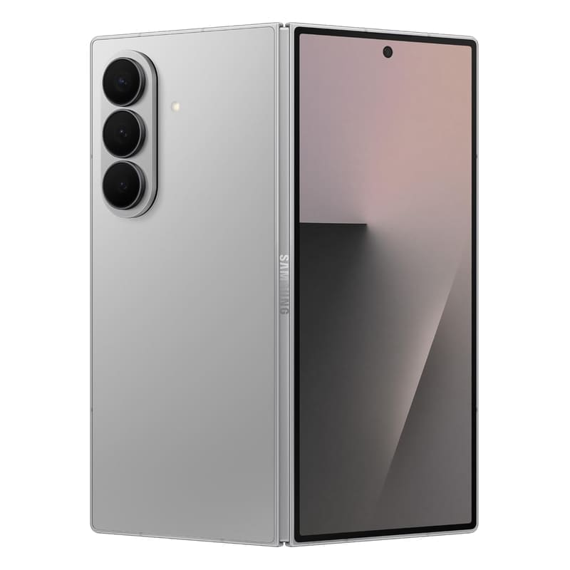 Samsung Galaxy Z Fold7 in Silver Shadow, unfolded showing the 8.0-inch main display and 200MP rear camera array
