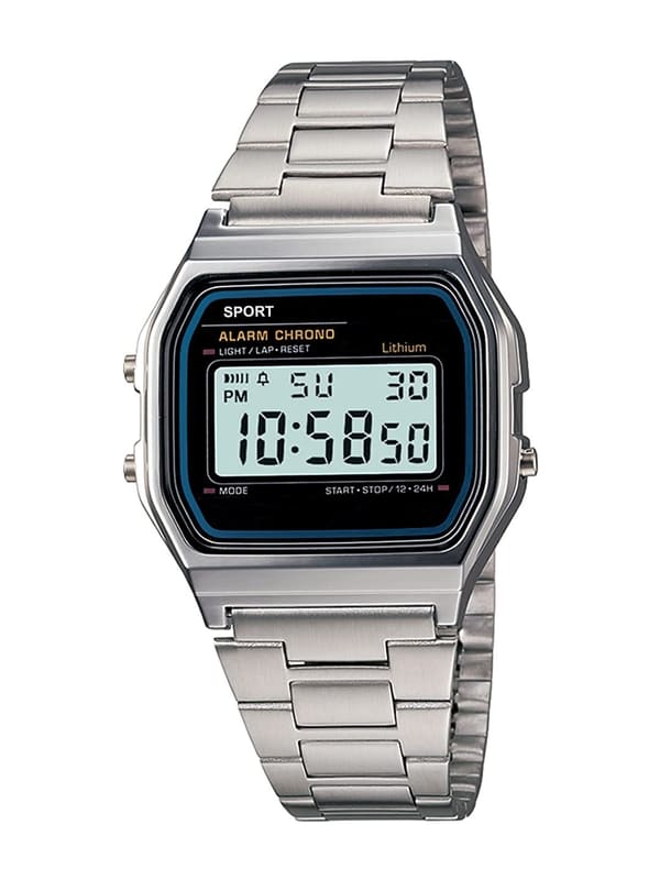 Shocknshop WCH70 unisex digital watch front view with square LED display and silver steel strap