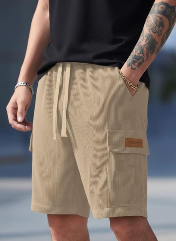 SMOWKLY Men's Polycotton Cargo Shorts in black showing the ribbed knee-length silhouette, four cargo pockets and drawstring waist front view