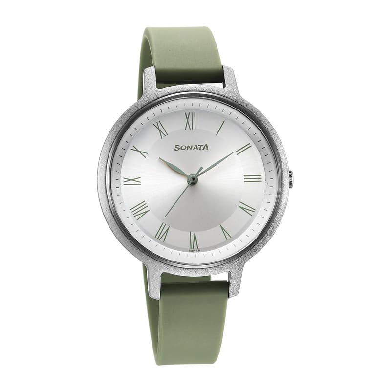 Sonata 87049PP11W front view with silver Roman numeral dial and sage green polyurethane strap