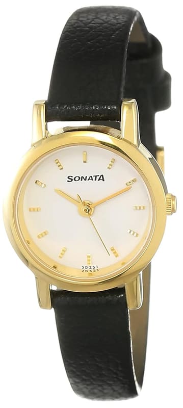 Sonata NS8976YL02W women's watch front view with round white dial and black leather strap
