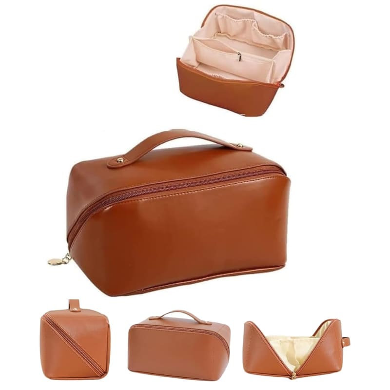 Sprqcart brown faux leather makeup bag with handle, main product photo