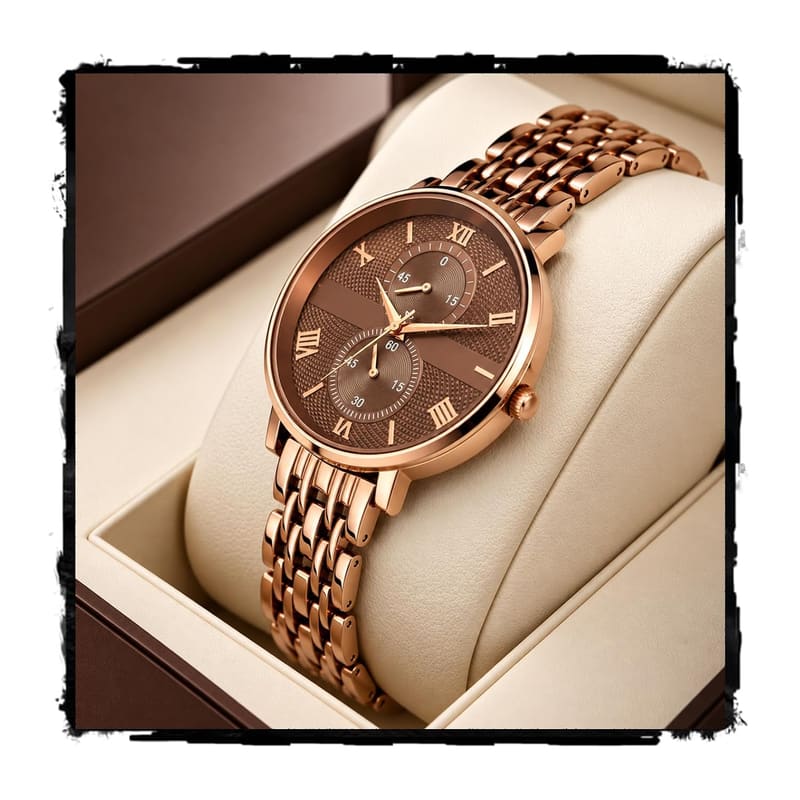 Styledose ST 1 watch on a cushion with brown dial, rose gold Roman numerals and brown metal link bracelet