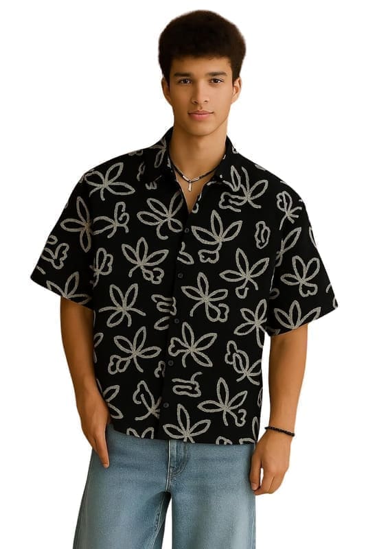 TAGDO Men's Premium Cotton Shirt (Shirt-2050, Flower print) shown flat — full-sleeve spread-collar oversized casual shirt in floral graphic print