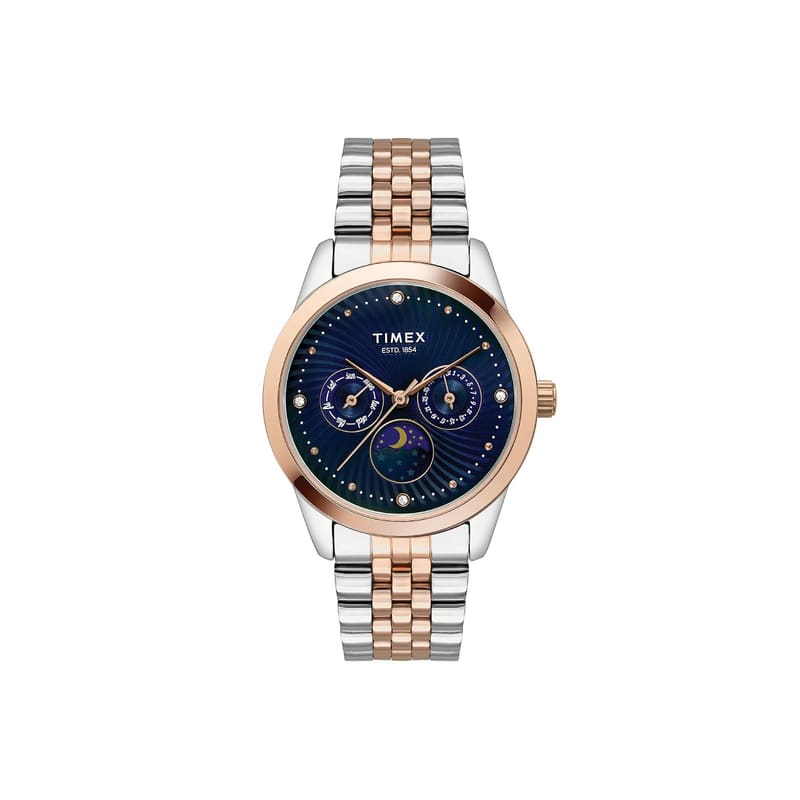 Timex TWEL13107 women's watch front view with round blue multifunction dial and steel bracelet