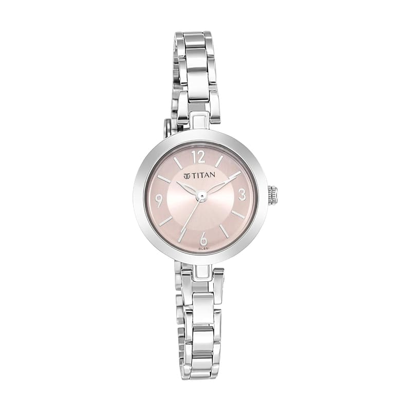 Titan Karishma 2598SM06 women's watch front view with numeral dial and silver metal bracelet