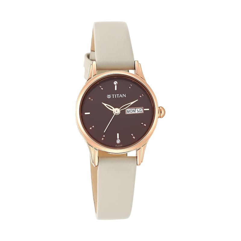 Titan 2656WL01 front view with brown dial, day-date window, rose-gold-tone case and ivory leather strap