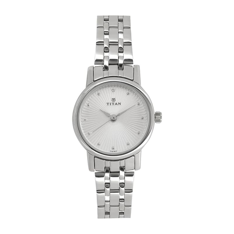 Titan NT2593SM01 front view with silver sunray dial, crystal hour markers and steel link bracelet