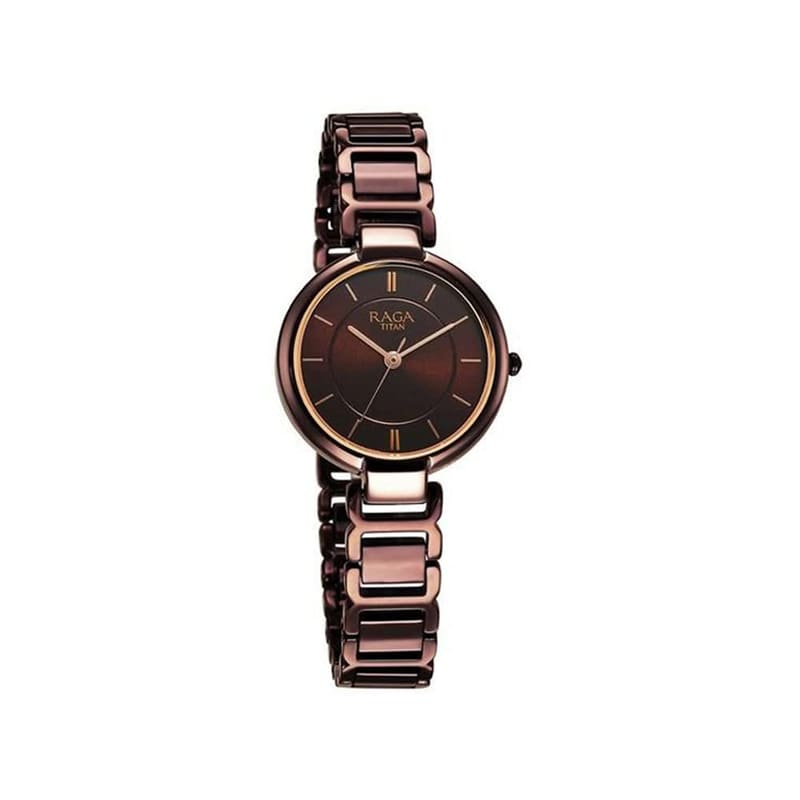 Titan Raga Delight NT2608QM02 women's watch front view with brown dial, golden accents and brown metal strap