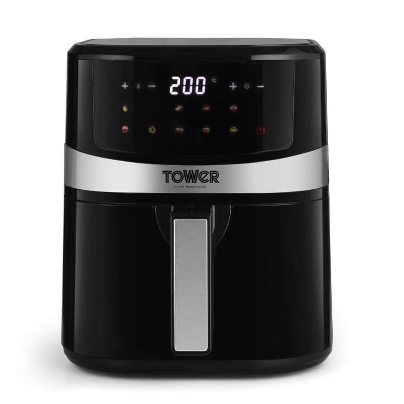Tower Vortx Air Fryer 4.5L in gloss black, front hero shot on white showing the digital touch panel reading 200°C, the ten preset icons, the brushed steel Tower band and the pull-out basket drawer handle