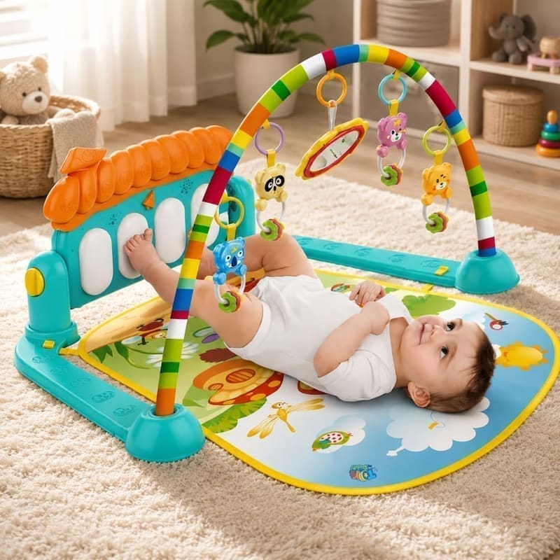 ToysBuddy Kick and Play Piano Baby Gym hero shot showing the ABS plastic arch frame, padded fabric mat, kick-activated piano keyboard panel and the five hanging activity toys