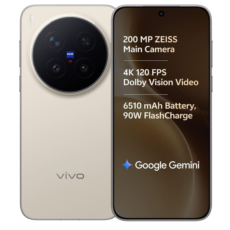 vivo X300 Pro 5G in Halo Beige — back view of the circular ZEISS T* camera island and 50MP/200MP/50MP rear array, plus 6.78-inch front display with feature callouts