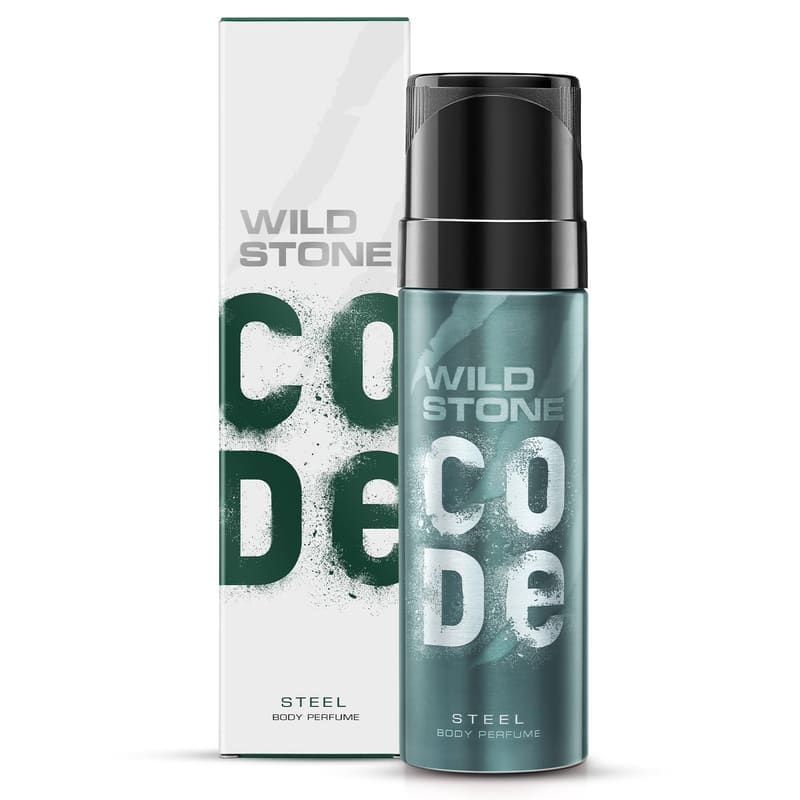 Wild Stone Code Steel 150ml no-gas body perfume in a dark teal bottle beside its white CODE box