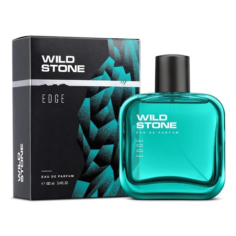 Wild Stone Edge Eau de Parfum 100ml teal glass bottle beside its black and teal box