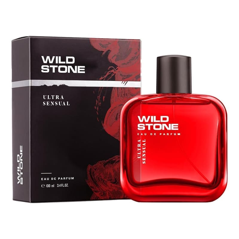Wild Stone Ultra Sensual 100ml Eau de Parfum red glass bottle beside its black and red box